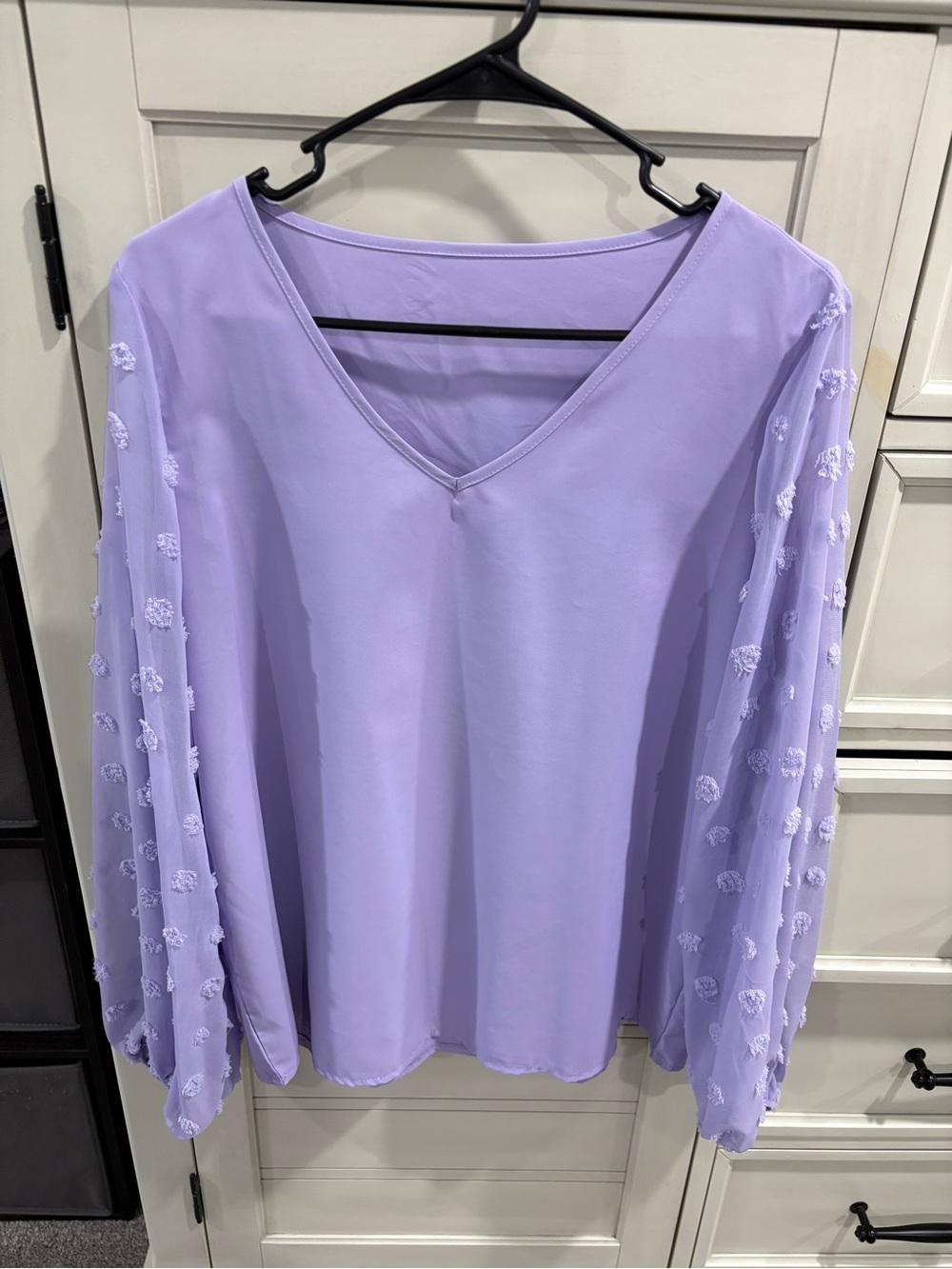 Lavender V-Neck Blouse with Textured Sheer Puff Sleeves